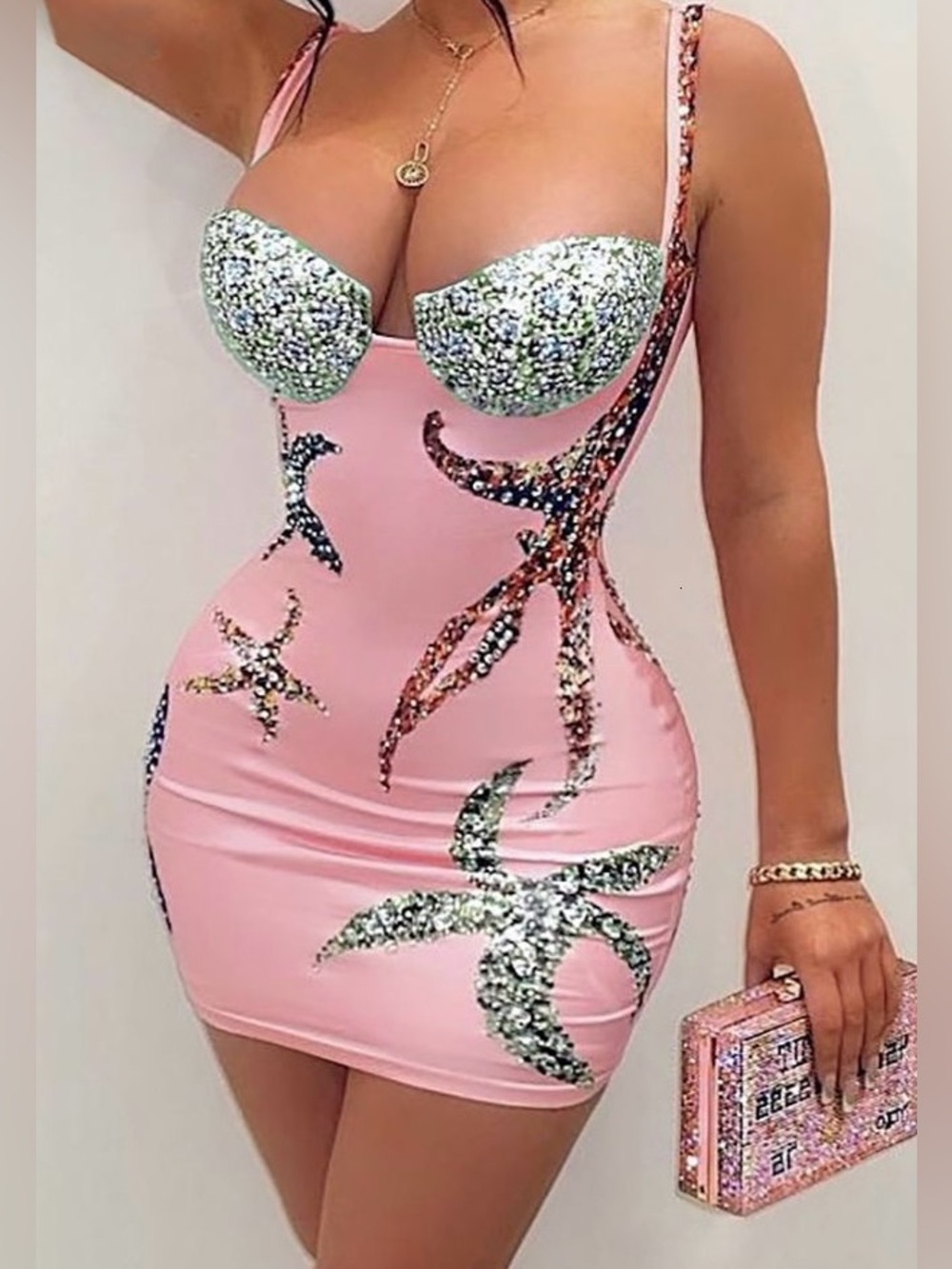 Sequin RhineEmbellished Pink Bodycon Dress